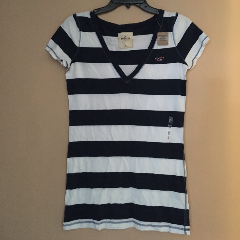 V neck , t shirt, blue/white stripes, size M