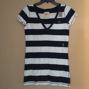 V neck , t shirt, blue/white stripes, size M