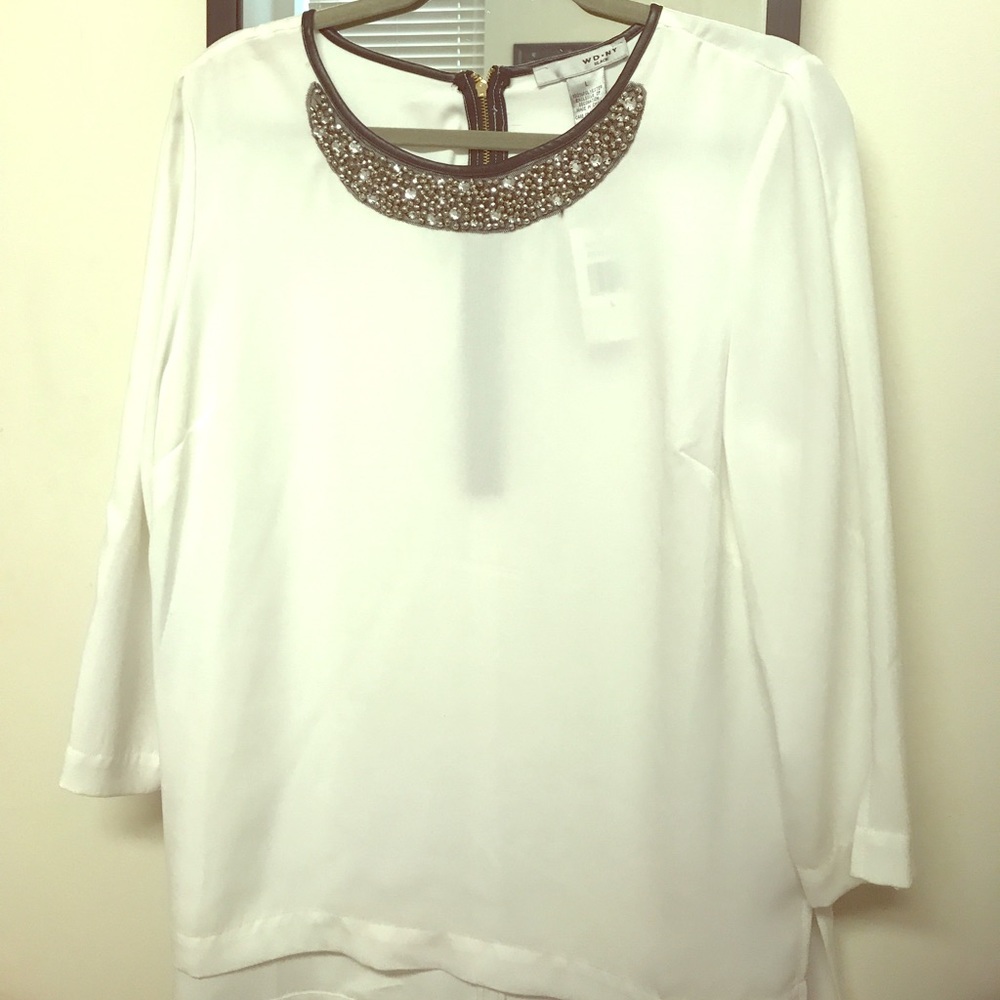 White blouse w/ faux leather & beading details
