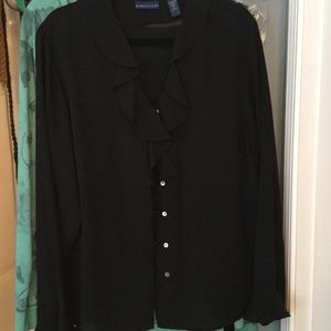 Black button up ruffle collar blouse
