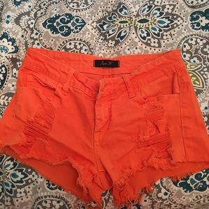 Orange Destroyed Stretchy Denim Shorts