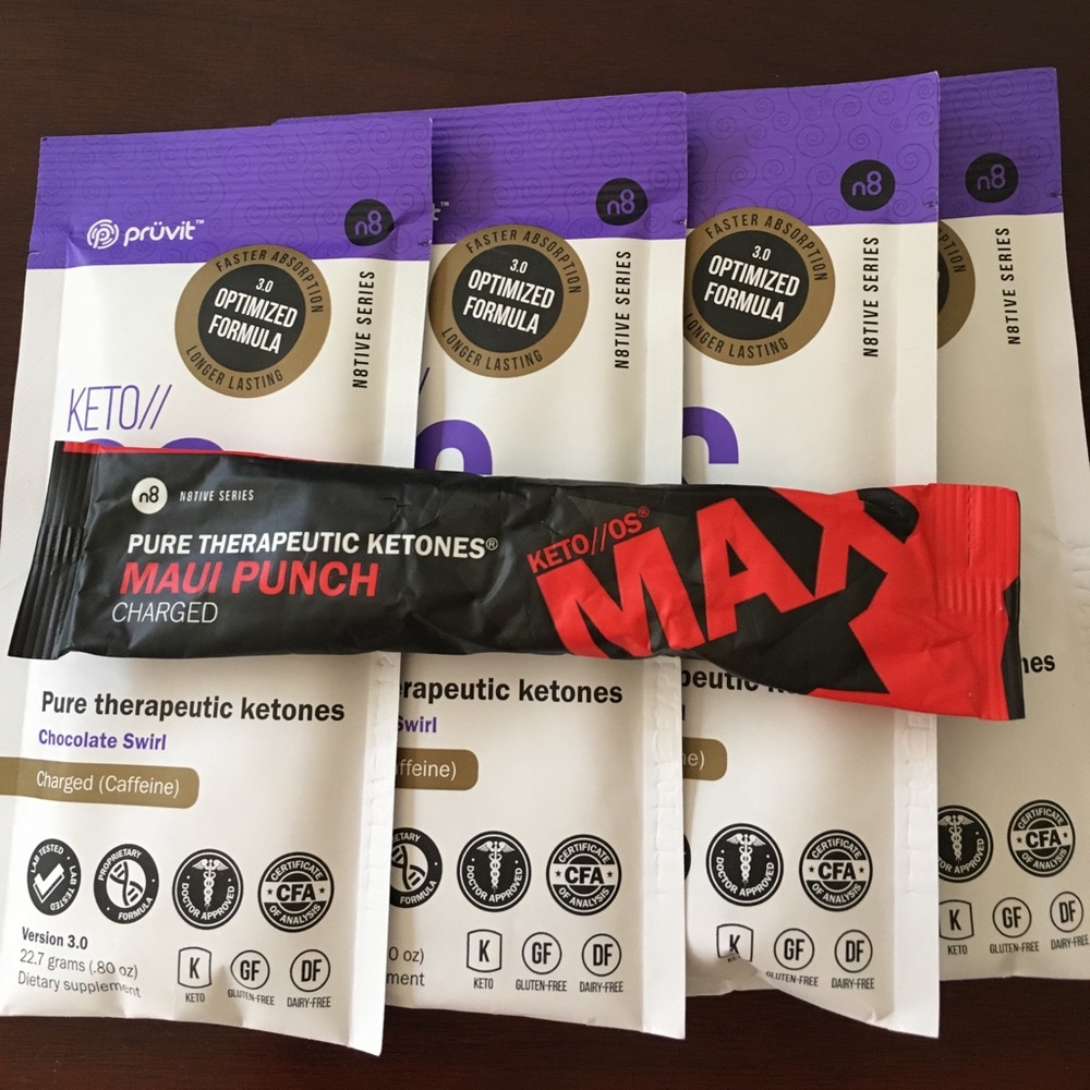 Keto OS 1 fruit punch max and 4 chocolate charged