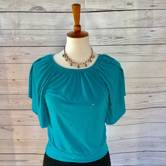 Iz Byer Tops - Teal Reflective Polkadot Batwing Blouse