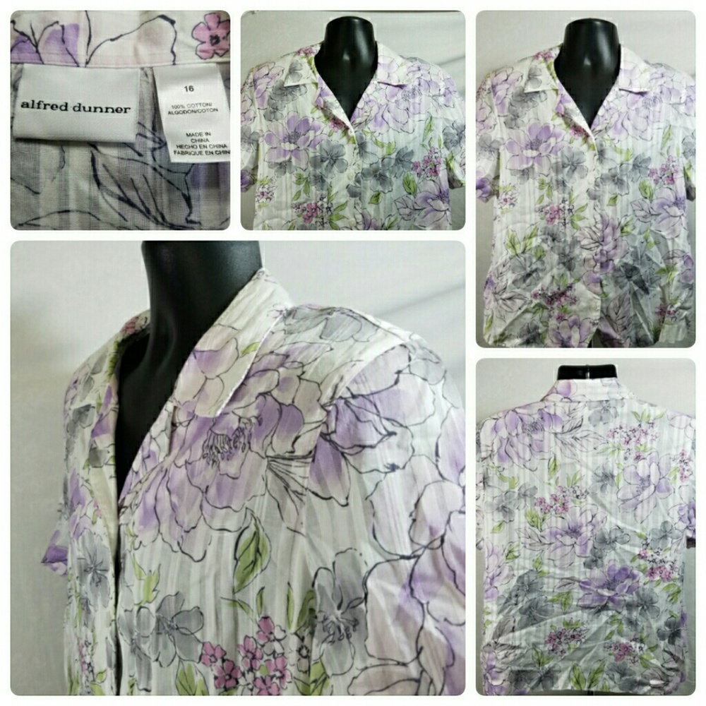Alfred Dunner White Striped Floral Blouse Sz 16