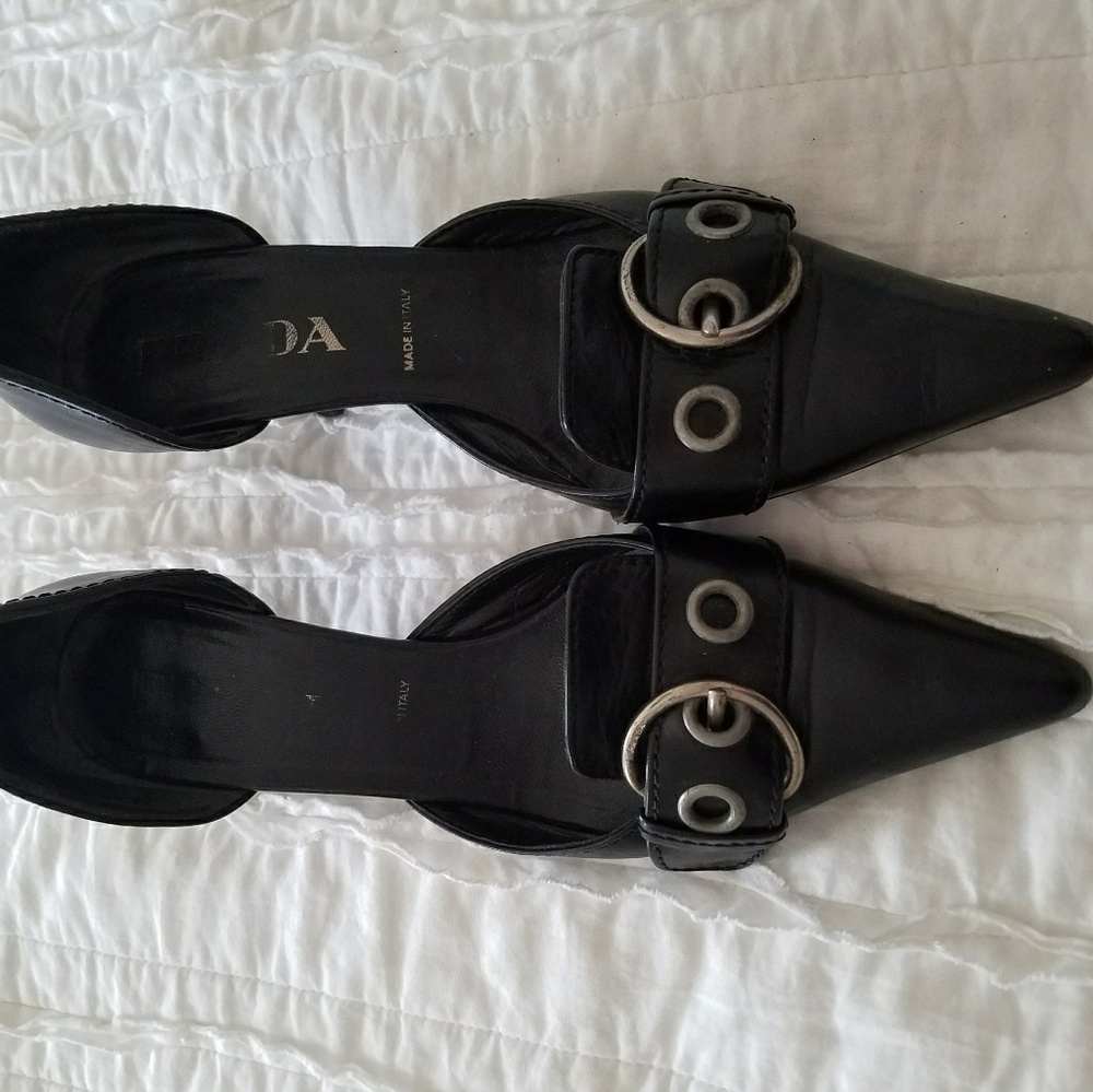 Prada Leather Heels with silver buckle