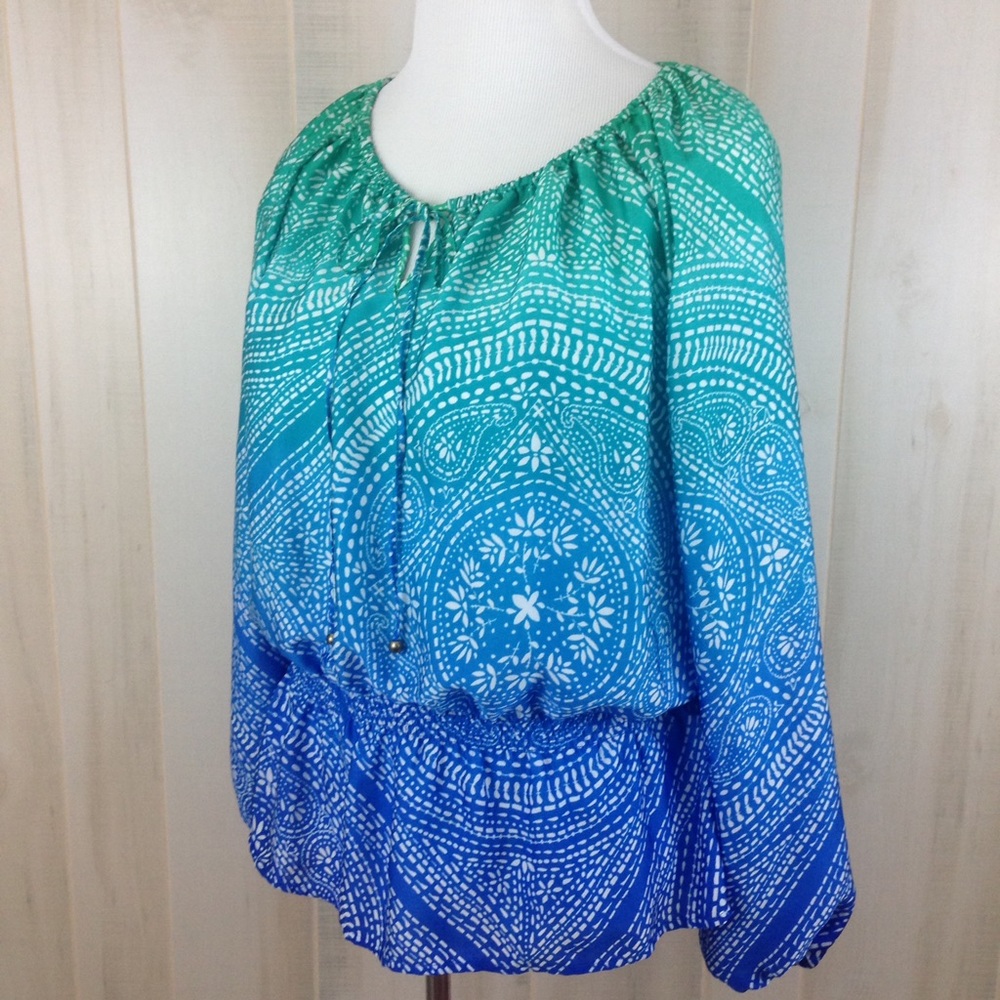 ELLEN TRACY Boho Peplum Top Print Keyhole  Sz. L
