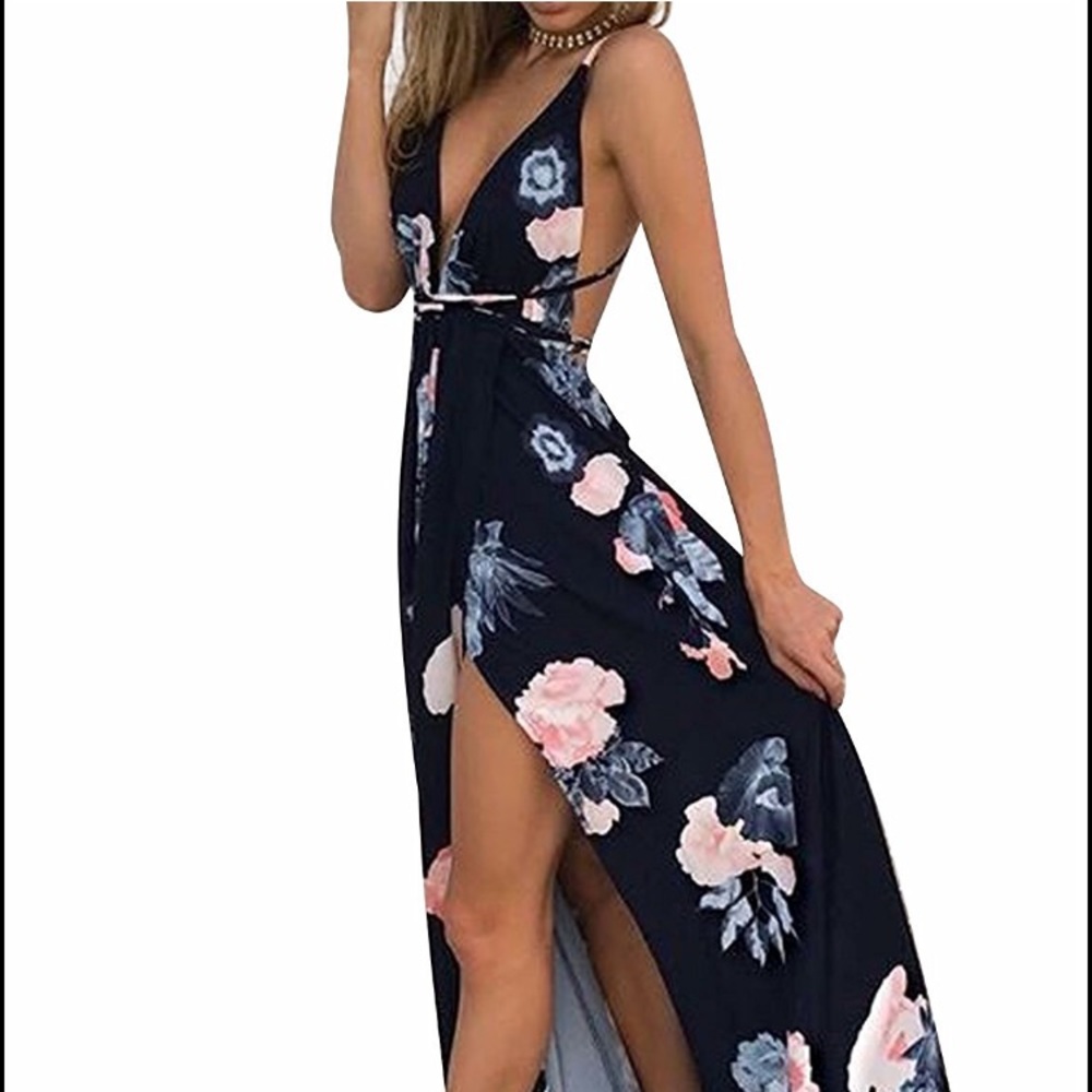 Gorgeous open back navy floral maxi dress