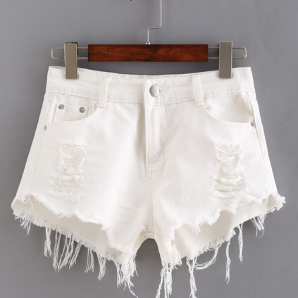 Ripped Raw Hem White Shorts
