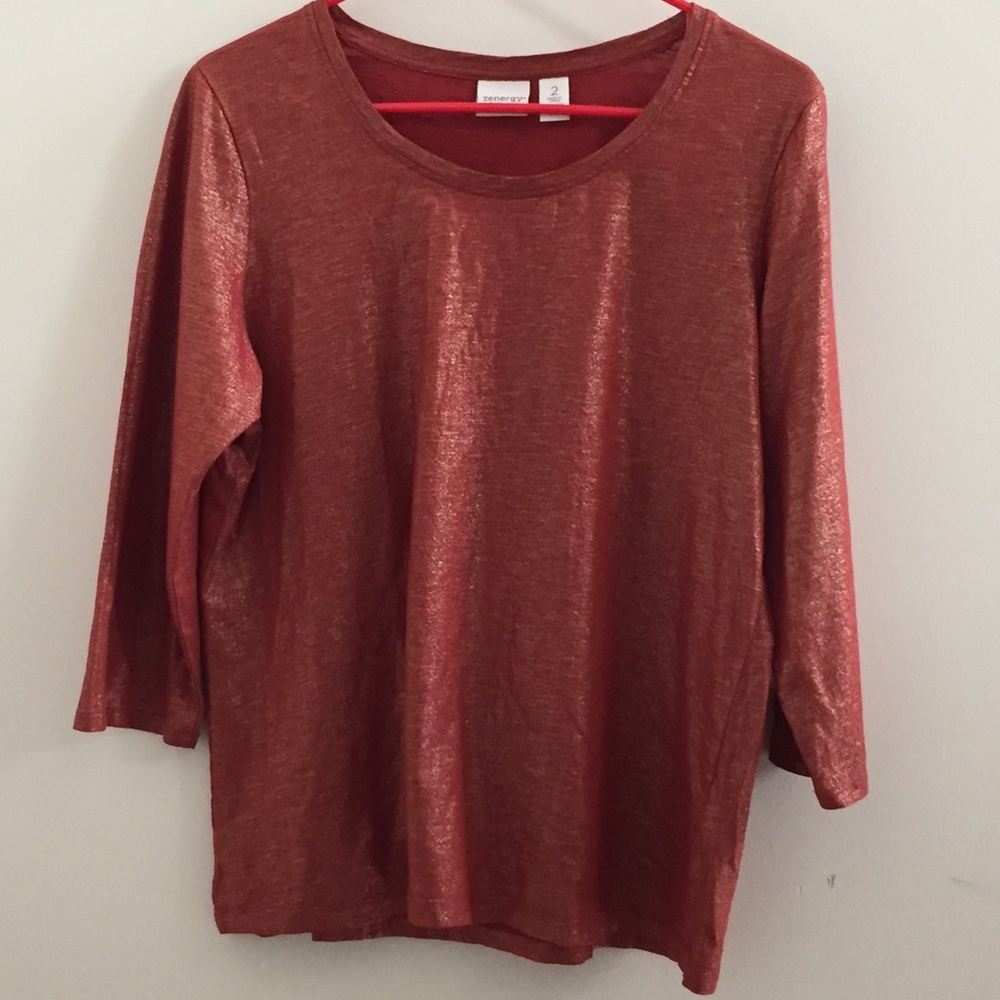Chico Zenergy Rust Orange & Gold Shimmer Top.
