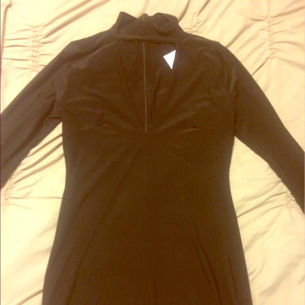 Black satin long sleeve mock turtle neck dress
