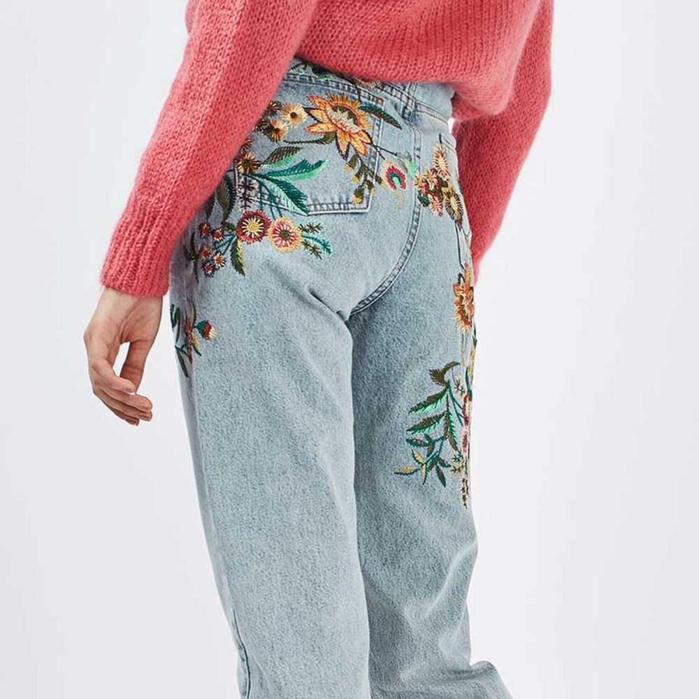 Topshop MOM Floral Embroidered Jeans: Size W24L30