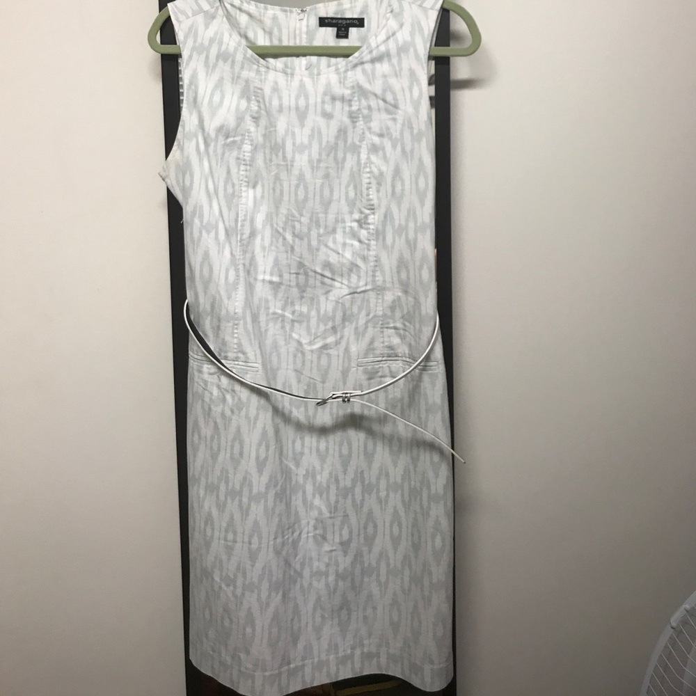 White dress w/ light blue pattern & white belt