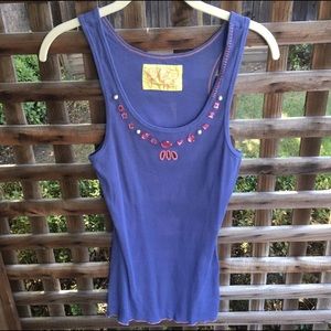 Free People blue ribbed tank with pink jewels