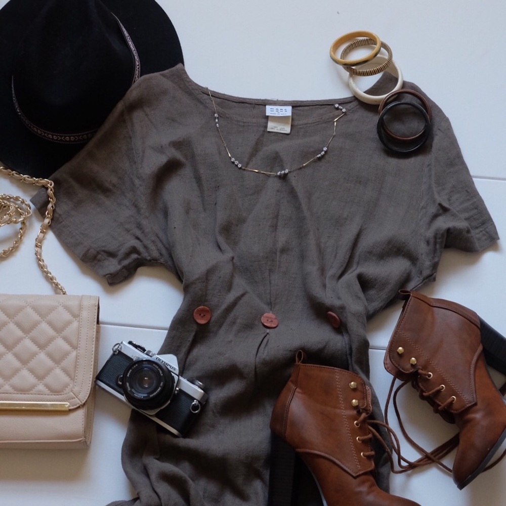 Taupe brown grey linen tie back maxi dress wood