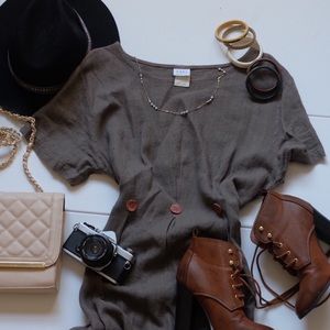 Taupe brown grey linen tie back maxi dress wood