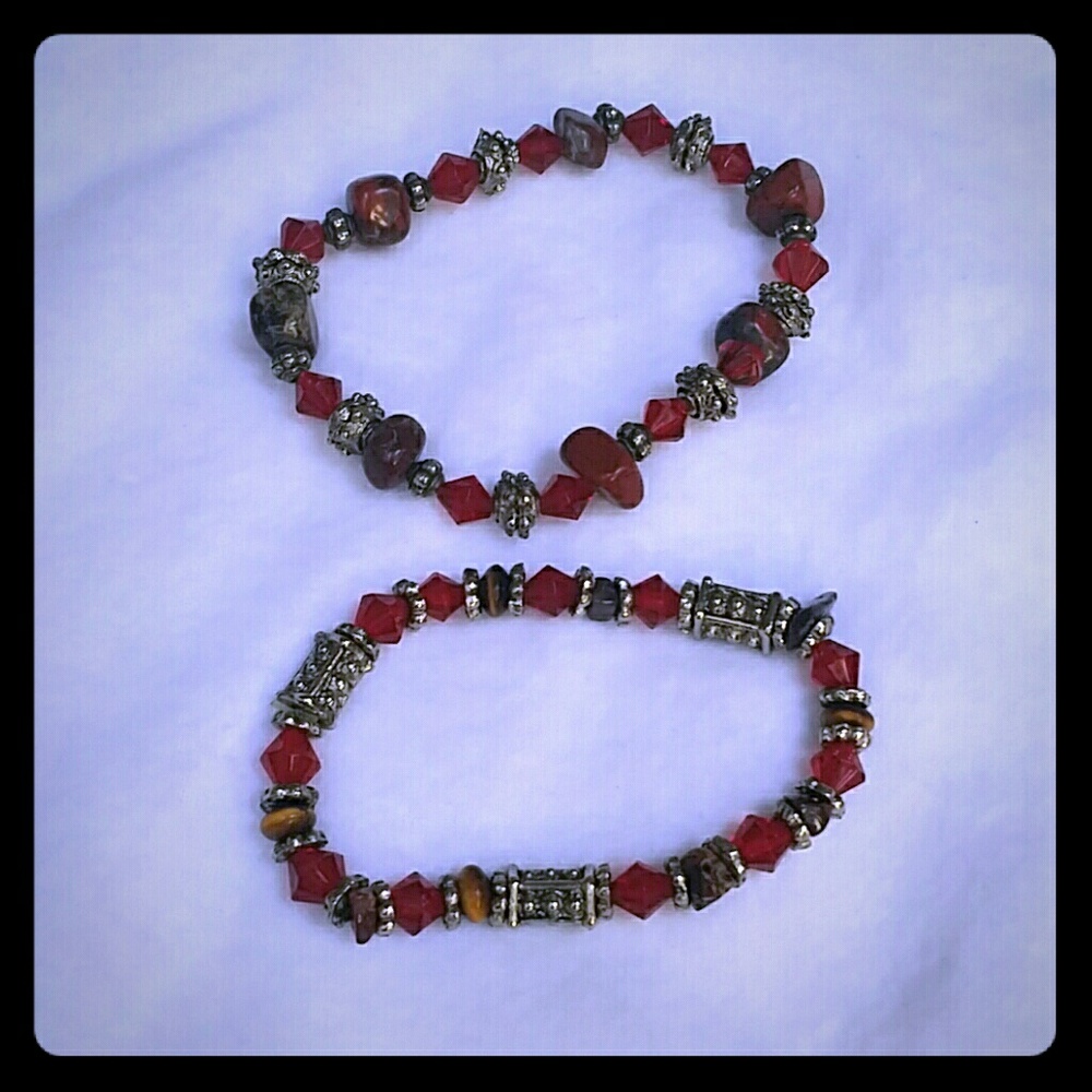 Red silver & brown bead rock bracelets - two