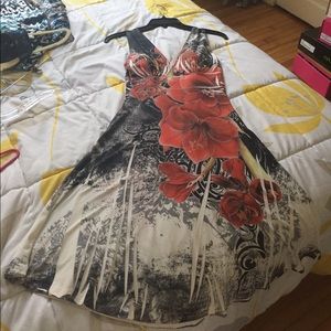 Red, Black and White Hibiscus Print Dress