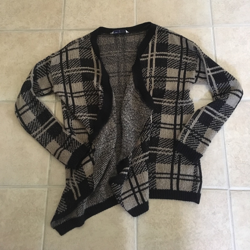 Open front black and taupe cardigan, size Medium