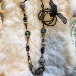 Glass Bead Crochet Necklace Gray & Black Stretch Bow Bracelet Set