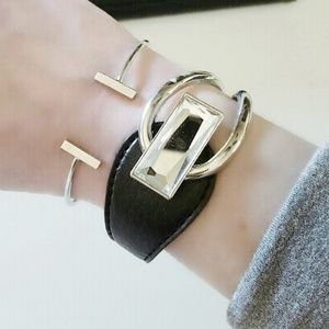 Black leather bracelet cuff