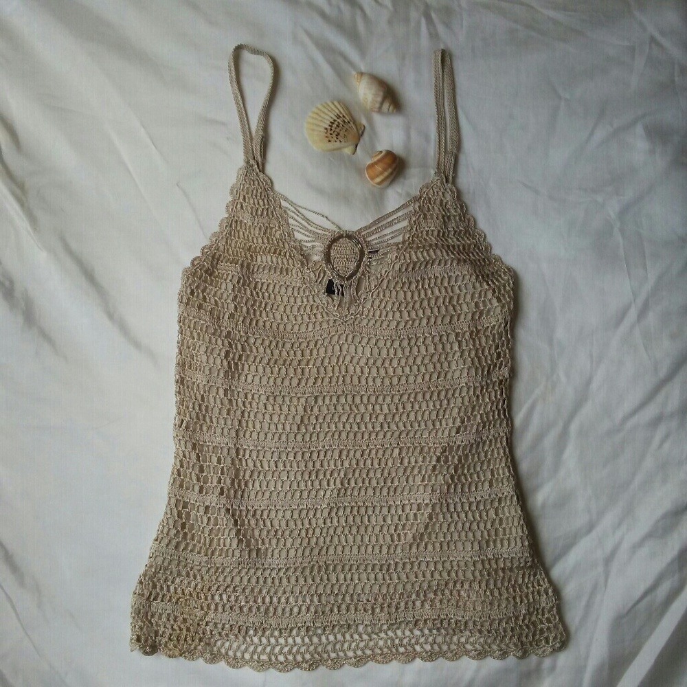 Womens Tan Knit & Sheer Tank Top