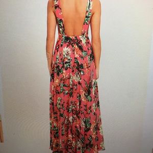 Coral red floral maxi dress.
