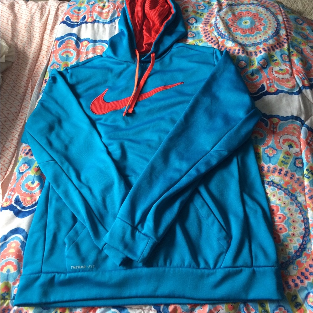 neon coral and light blue nike hoodie