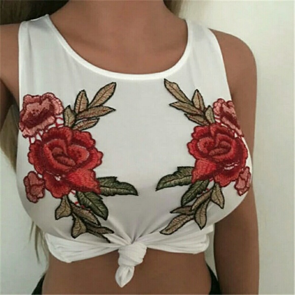 Tops - 💋JUST IN!!! Rose Embroidered Crop Muscle Tee!!!