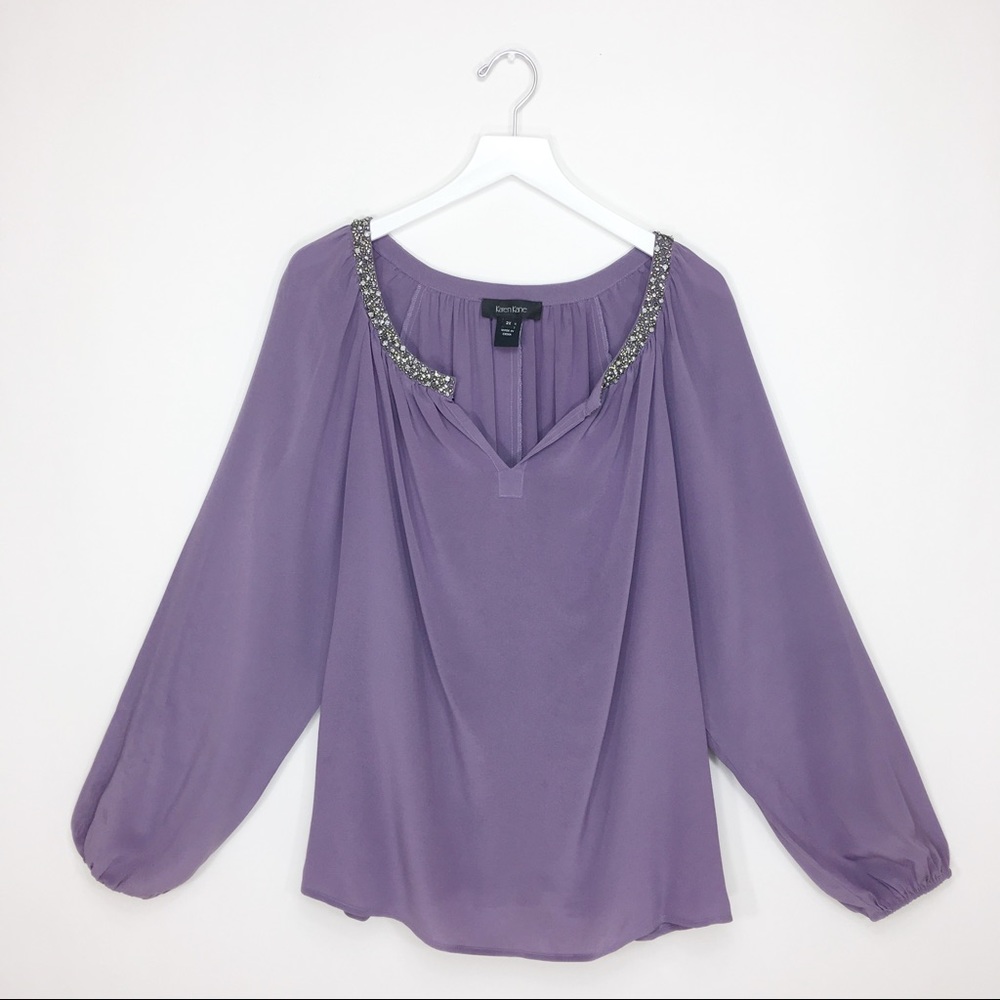 Karen Kayne 100% Silk Purple Long Sleeves V Neck