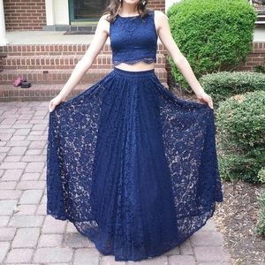 Navy blue lace 2 piece prom dress