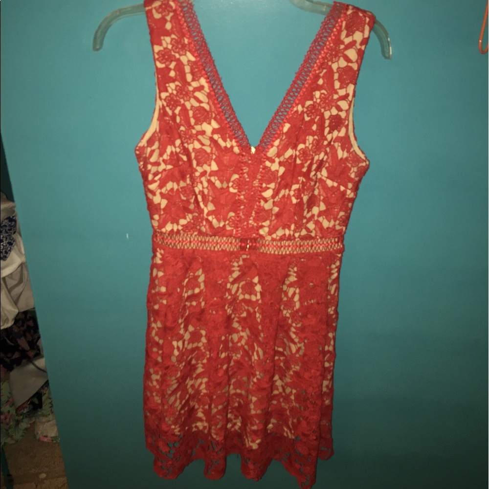 Red and nude lace dress