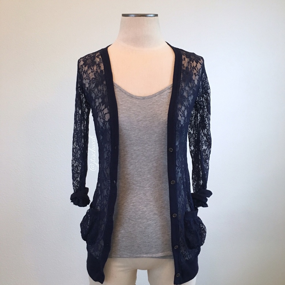 Xhilaration- Navy Floral Lace V-Cardigan SZ S