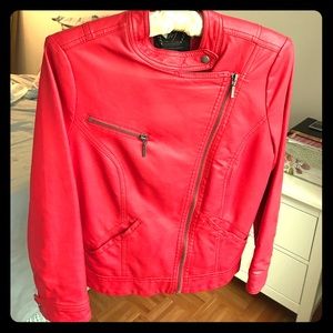 Red faux leather jacket with 3/4 sleeves. Zara.
