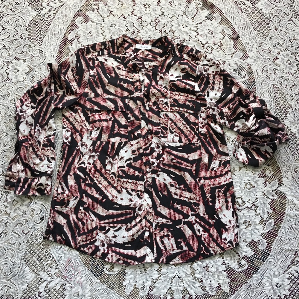 NWOT Calvin Klein Printed Roll Sleeve Blouse L