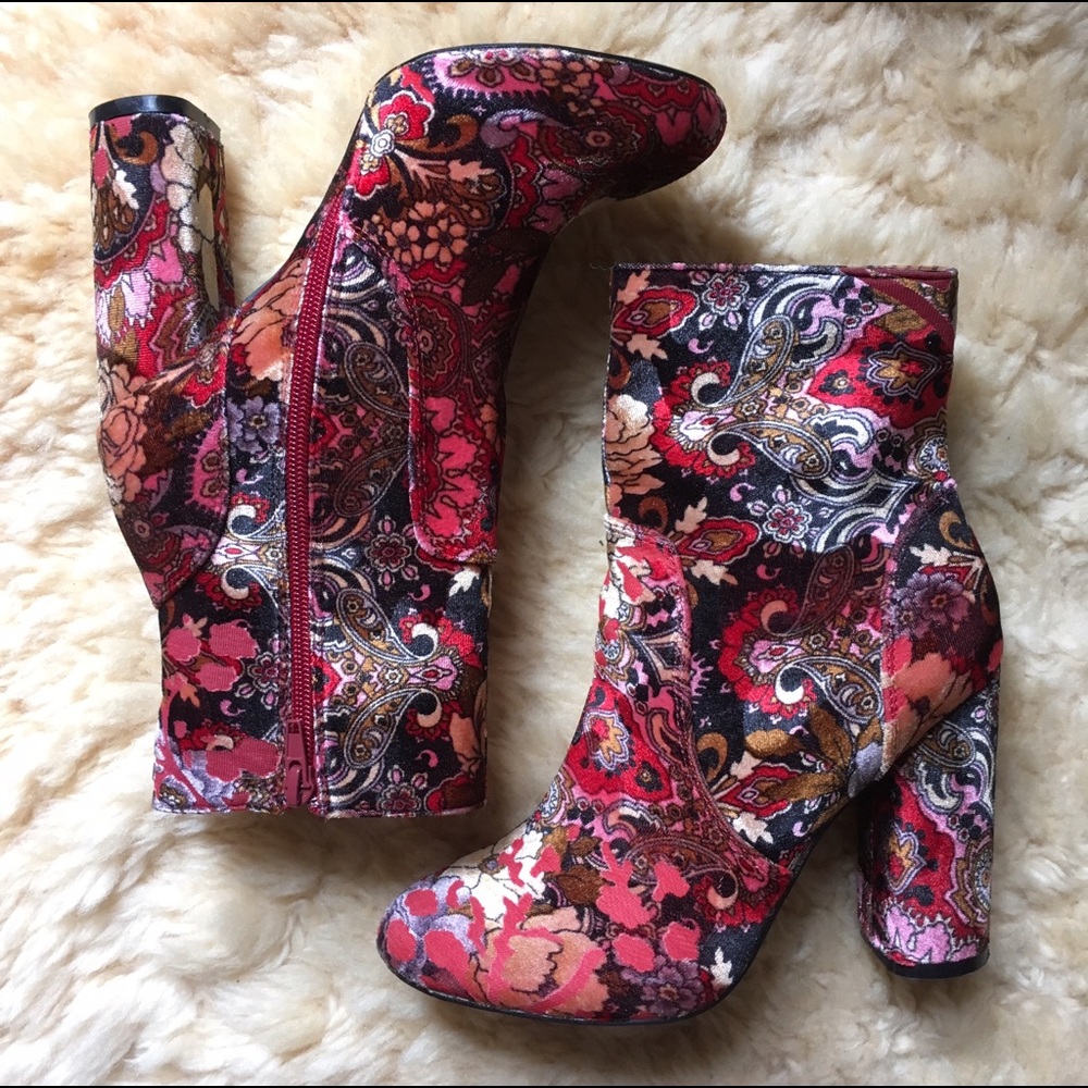 velvet heeled floral boots