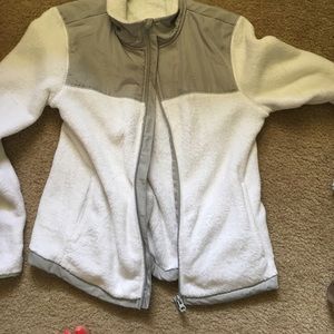 Fuzzy white with gray zip up sweatshirt