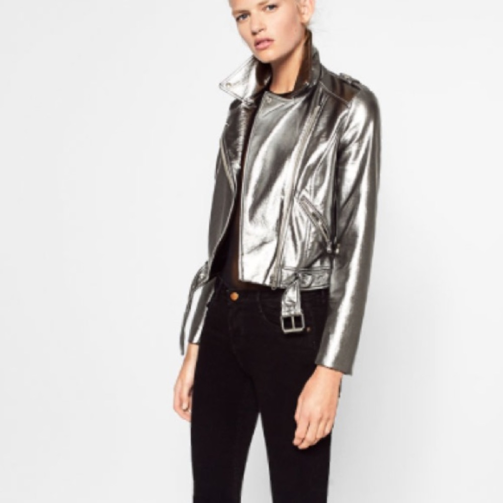zara silver leather jacket xs