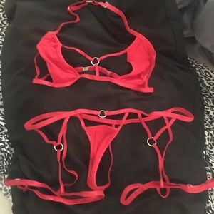 Two piece red garter thong bottom and top set