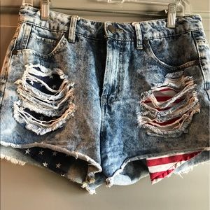American flag ripped denim jean shorts