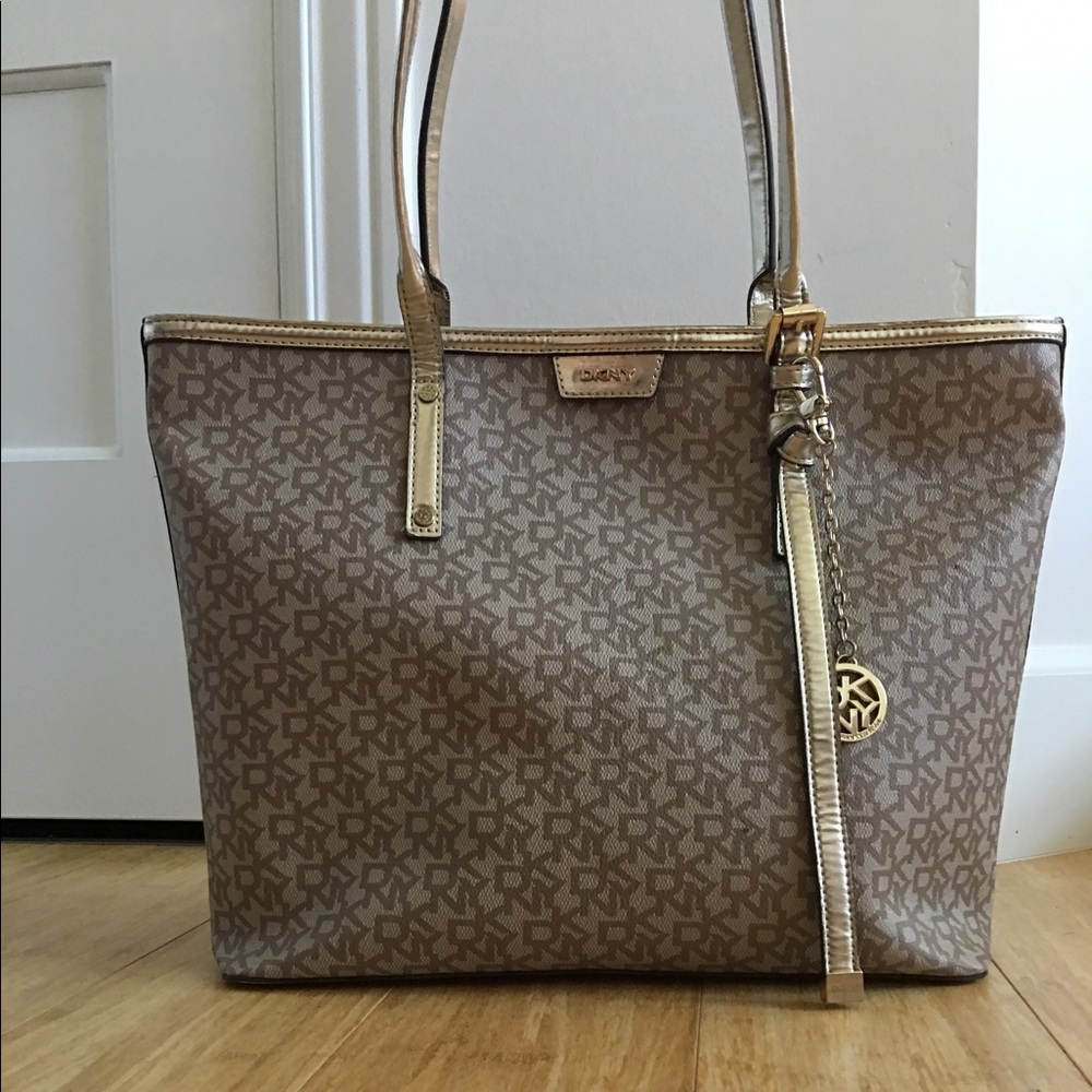 DKNY logo purse tote bag. Satchel tan, beige brown