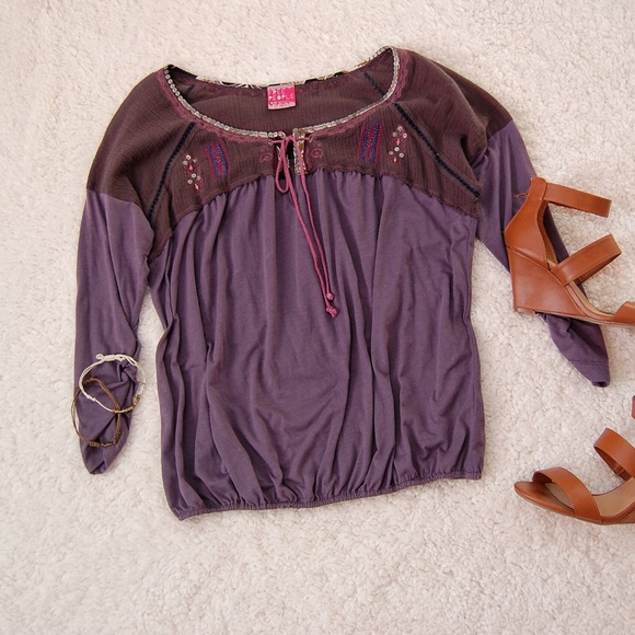 Free People Tops - Free People Purple Embroidered 3/4 Boho  Blouse