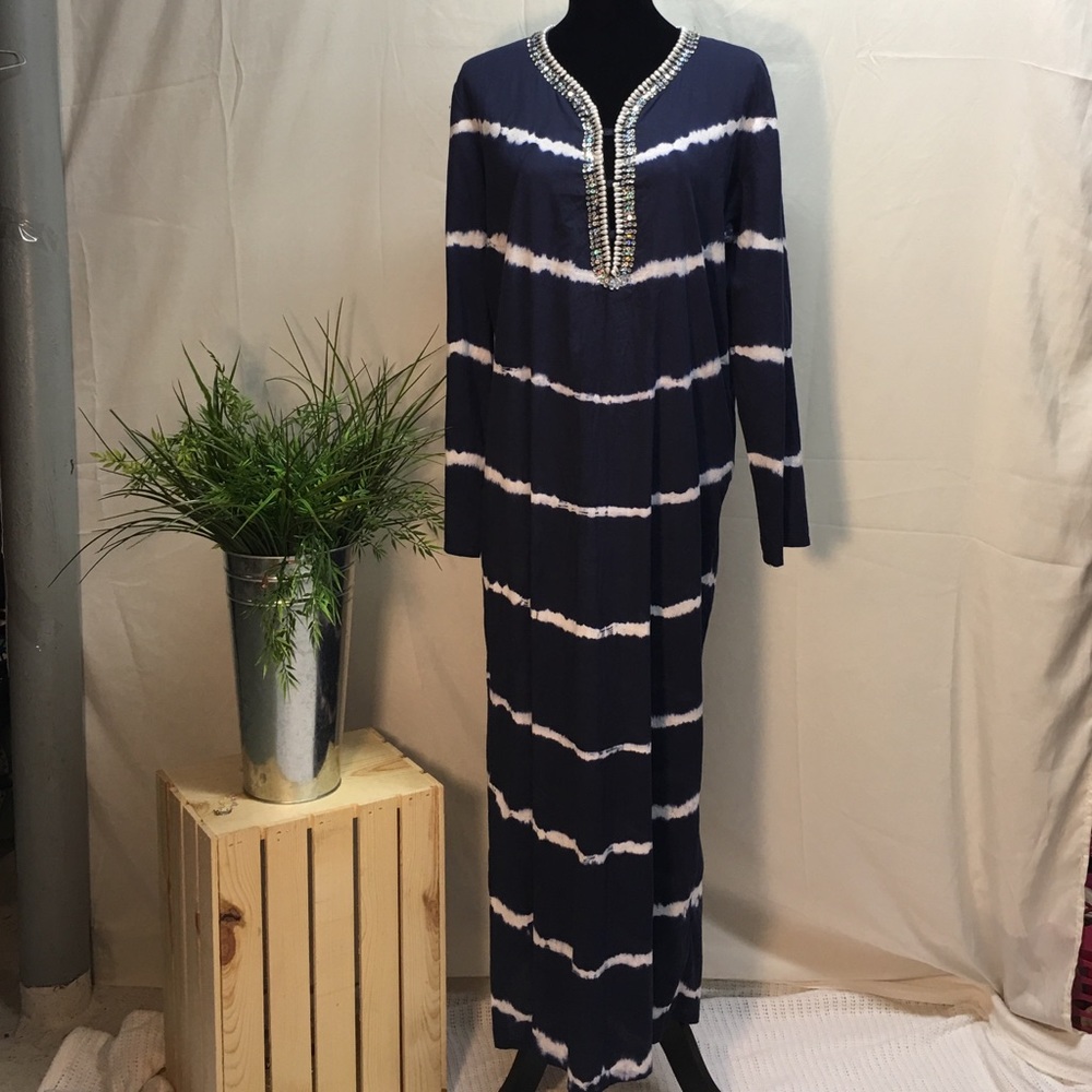Blue and white tie-dye bathing suit cover-up.