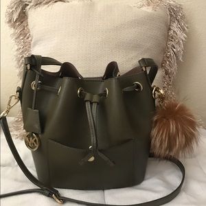 Michael Kors olive bucket bag with puff keychain