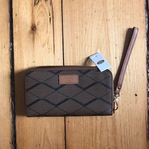 NWT Fossil Brown Patterned Zip Clutch Wallet