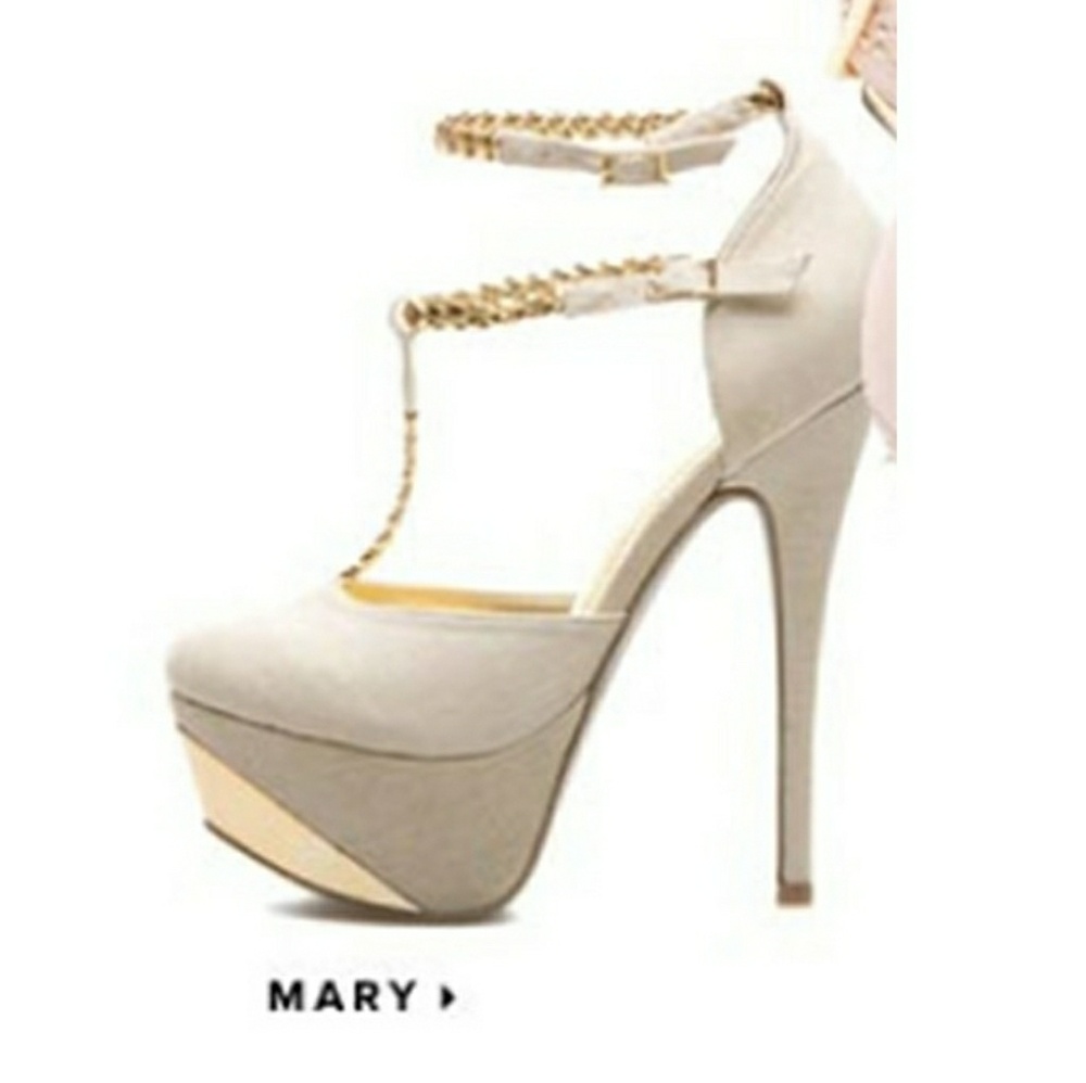 Shoedazzle tan & gold platform heels