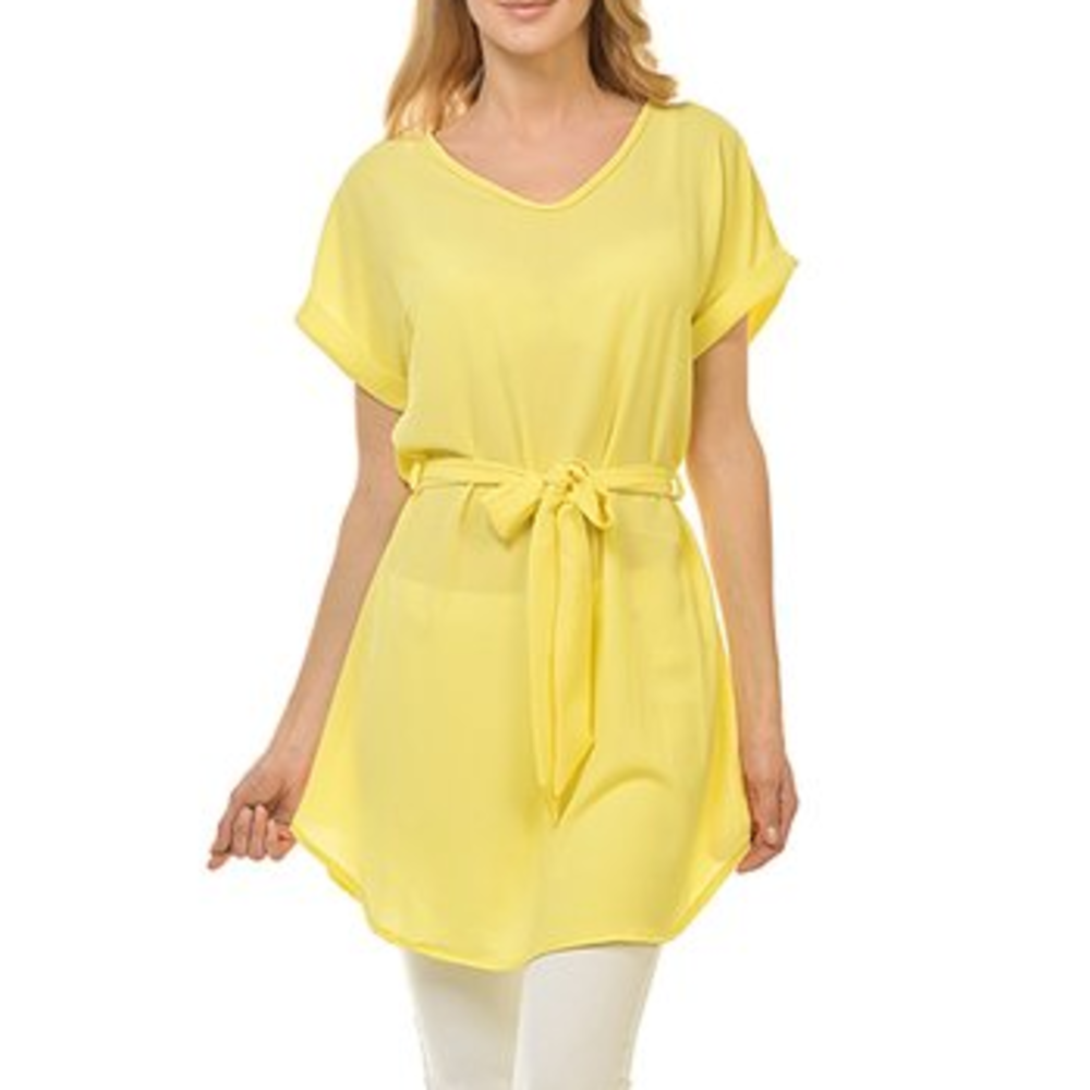 Yellow Tie-Waist V-Neck Tunic Dress