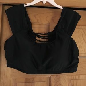 Black cap sleeve/off the shoulder swimsuit top