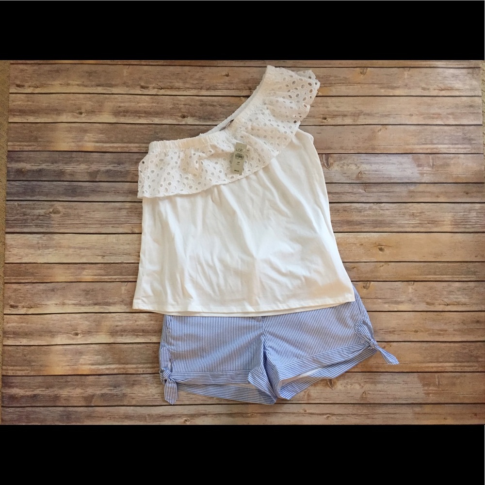 LOFT White eyelet ruffle one shoulder top