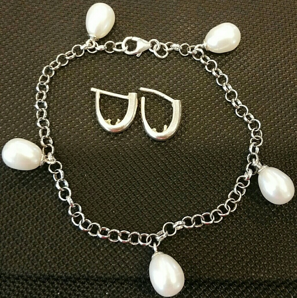 .925 STERLING Silver Freshwater PEARL Bracelet & STERLING CUFF Earrings *NEW*