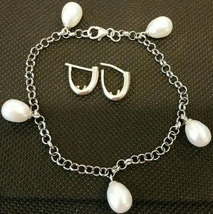 .925 STERLING Silver Freshwater PEARL Bracelet & STERLING CUFF Earrings *NEW*